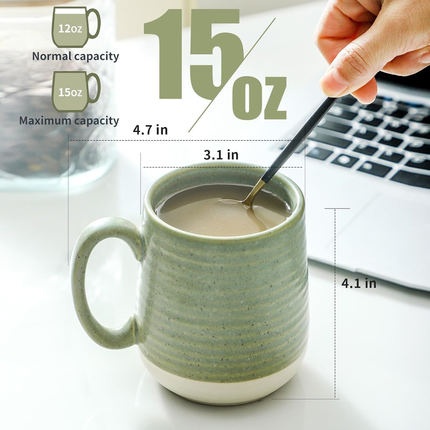 Hasense Stoneware Coffee Mugs Set of 6, 15 Oz Large Coffee Cups with Handle, Tea Mugs for Men and Women, Modern Coffee Mug for Cappuccino, Milk, Cocoa, Microwave & Dishwasher Safe, Green