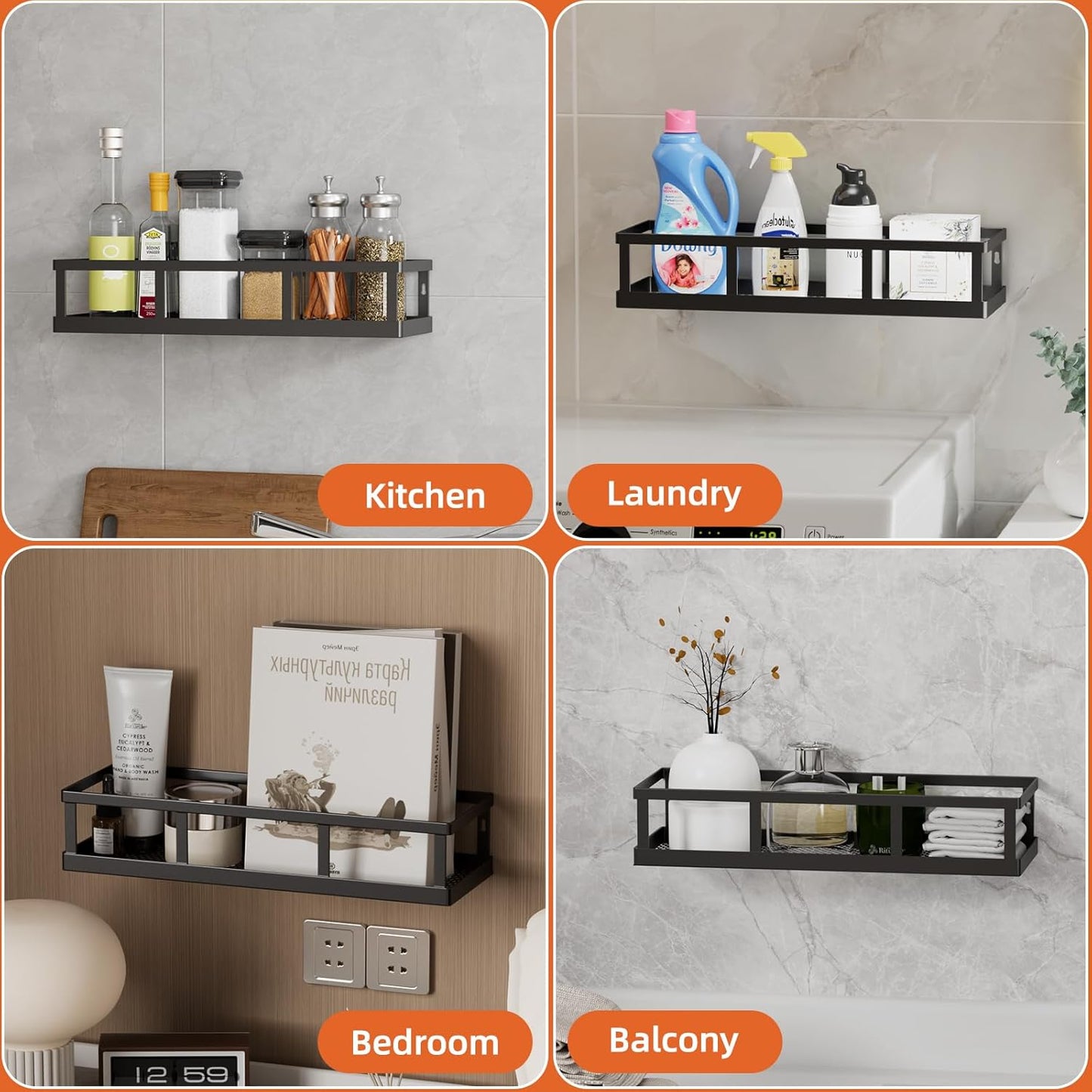 Spice Rack Wall Mounted, 4 Pack Pantry Door Organizer & Hanging Storage Baskets Organizer Wall Mount, Large Capacity Metal Spice Shelf for Kitchen Cabinet, Bathroom, Shower, Home Decor