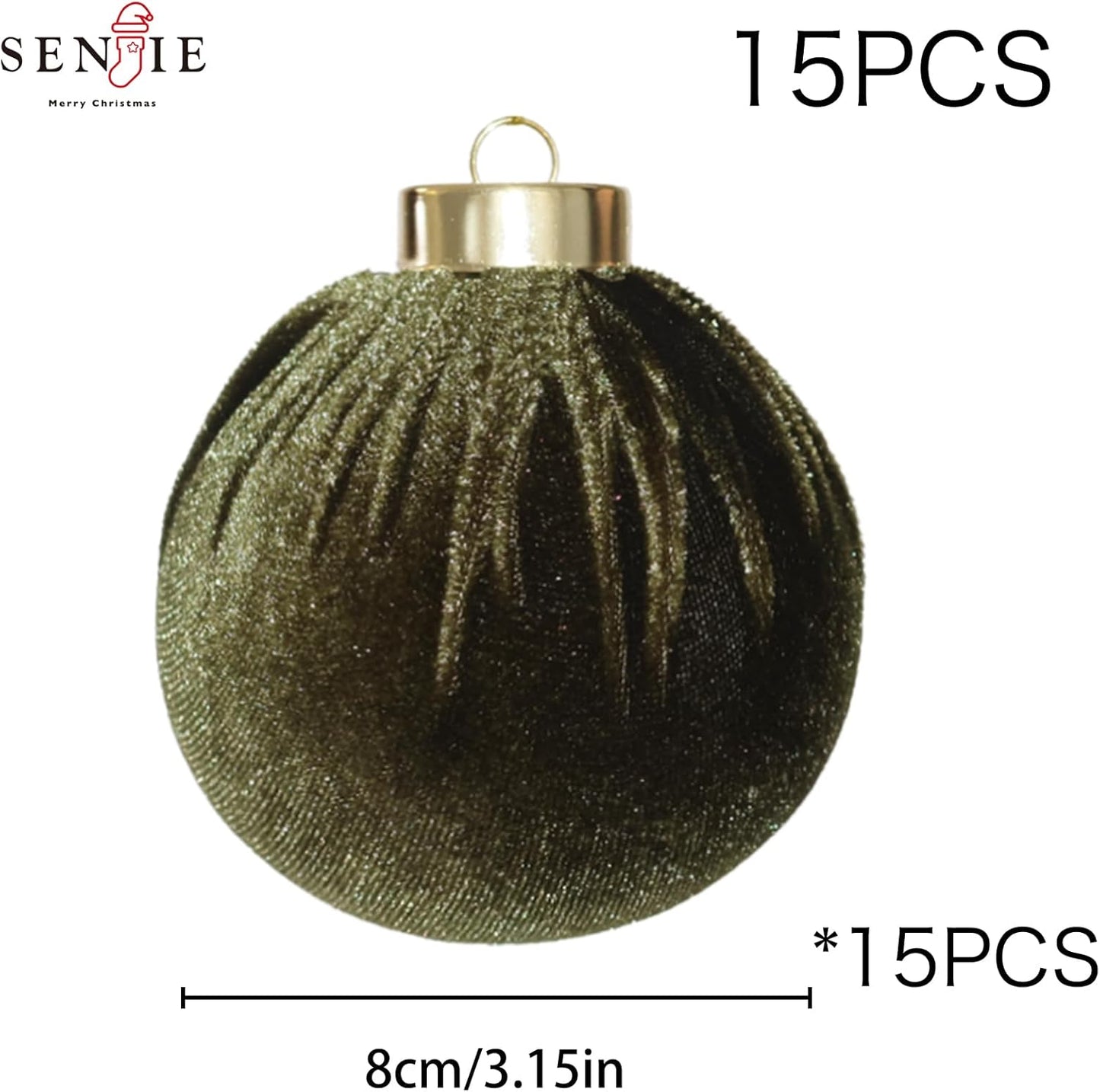 3.15inch Green Velvet Ornaments for Christmas Tree, 15pcs Flocked Christmas Ornaments Decorations Balls Set Decor