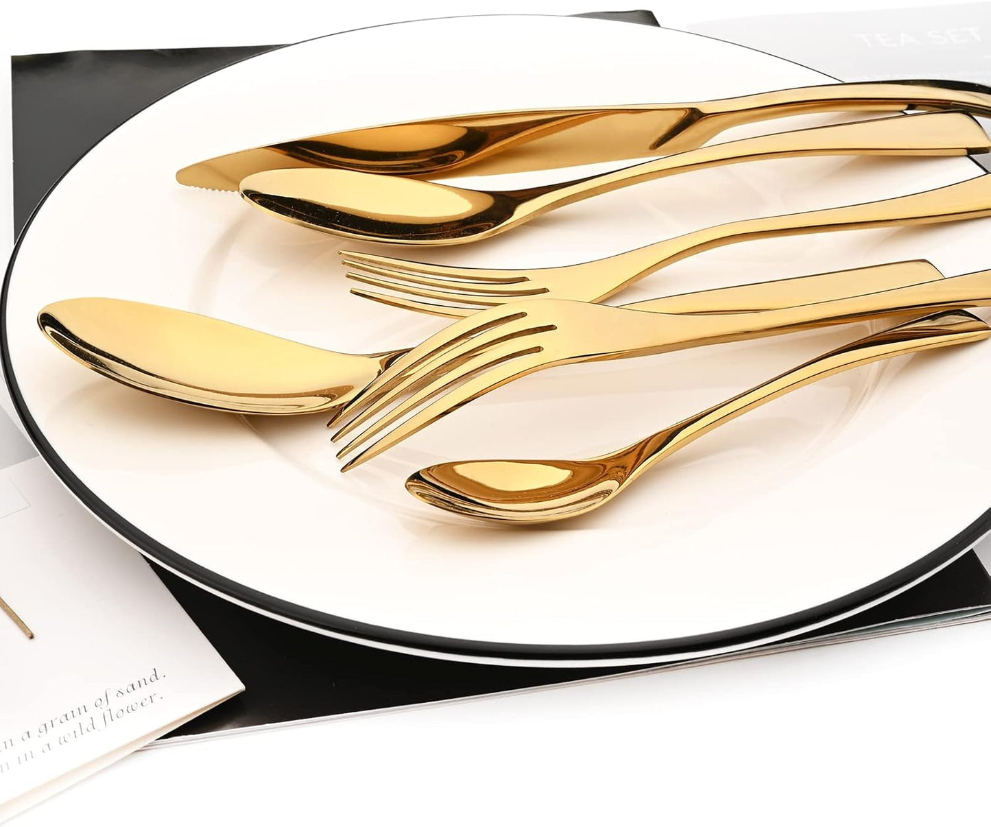 24-Piece Gold Flatware, Mirror 18/10 Stainless Steel Modern & Luxury Dinnerware Set With Serrated Steak Knife Teaspoon For Daily Use or Dinner Party Restaurant - Service For 4