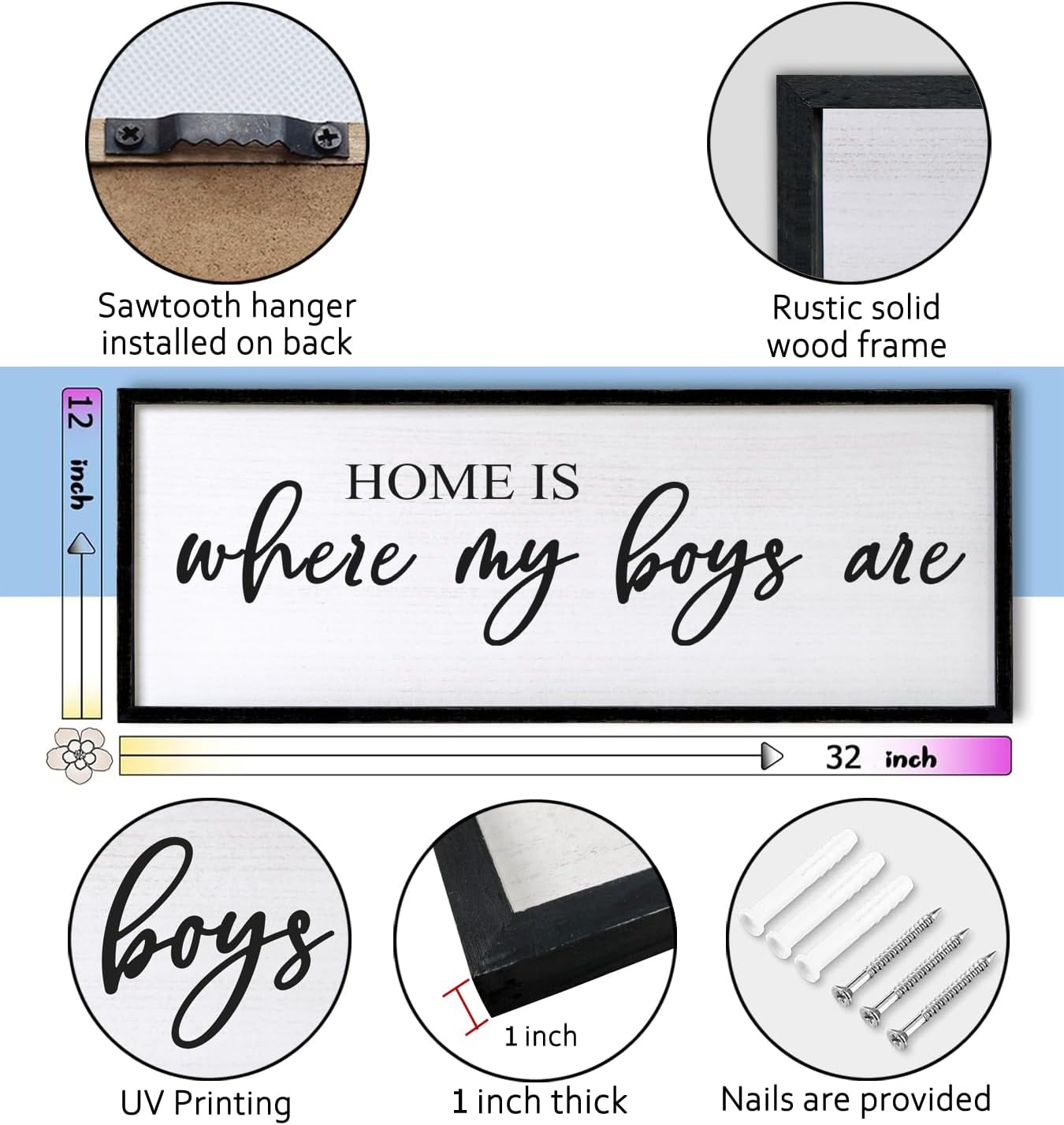 Home is Where My Boys are Sign Framed Wall Art, 32''×12'' Rustic Horizontal My Son Plaque with Black Frame for Baby Kid Boy Son Teen Toddlers Room, Horizontal Mom of Boys Gifts Nursery Decor