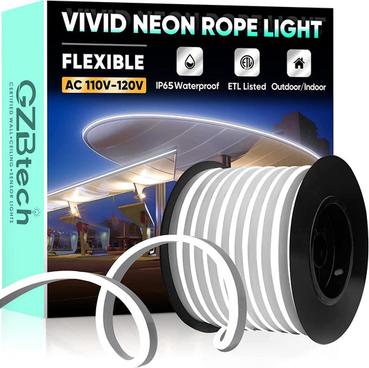 GZBtech Flexible LED Neon Rope Lights 82FT,AC 110-120V Waterproof Strip Light, 120 LEDs/M Cuttable Connectable Neon Lighting for Indoor Outdoor Home Decor/Commercial Building Use-Cold White 25M
