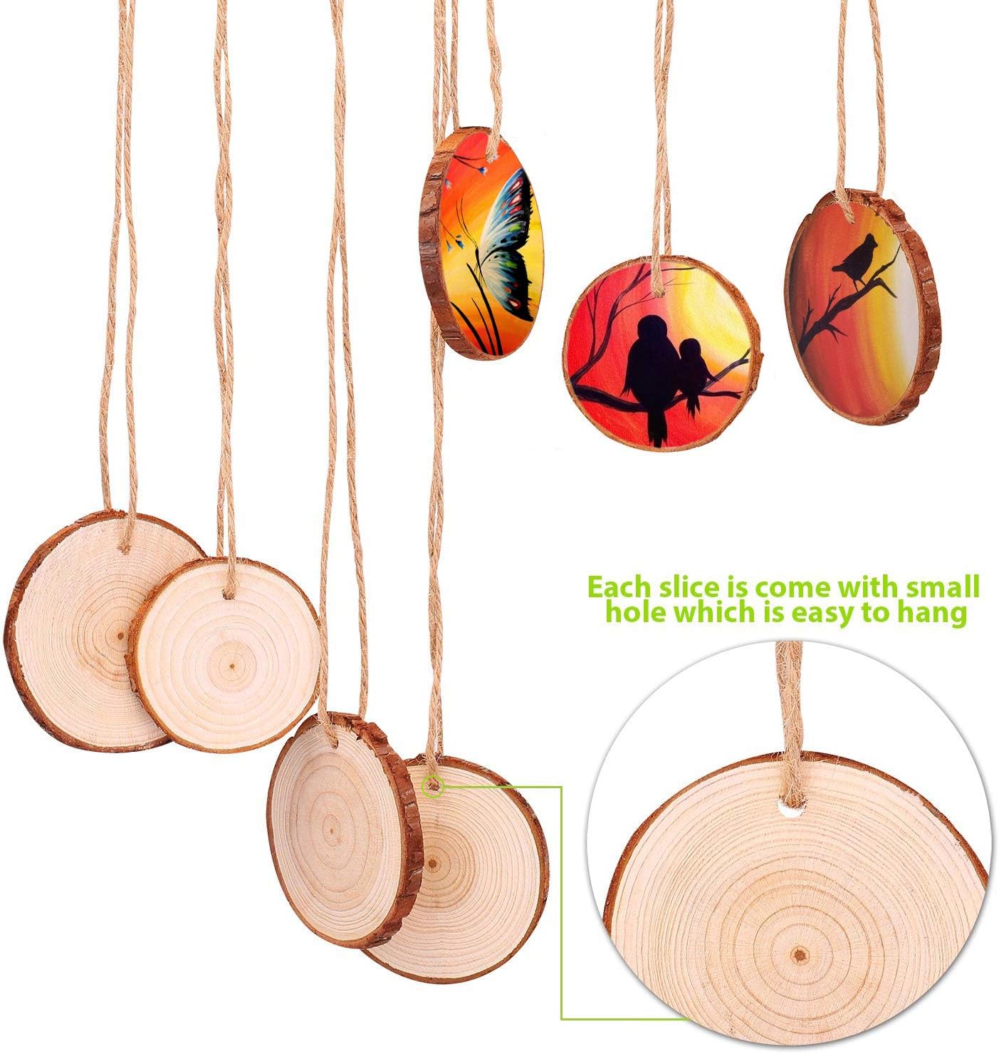 Fuyit Natural Wood Slices, 30 Pcs 3.1-3.5 Inch Unfinished Predrilled Wooden Circles Tree Slice with Hole for DIY Arts Craft Christmas Ornaments