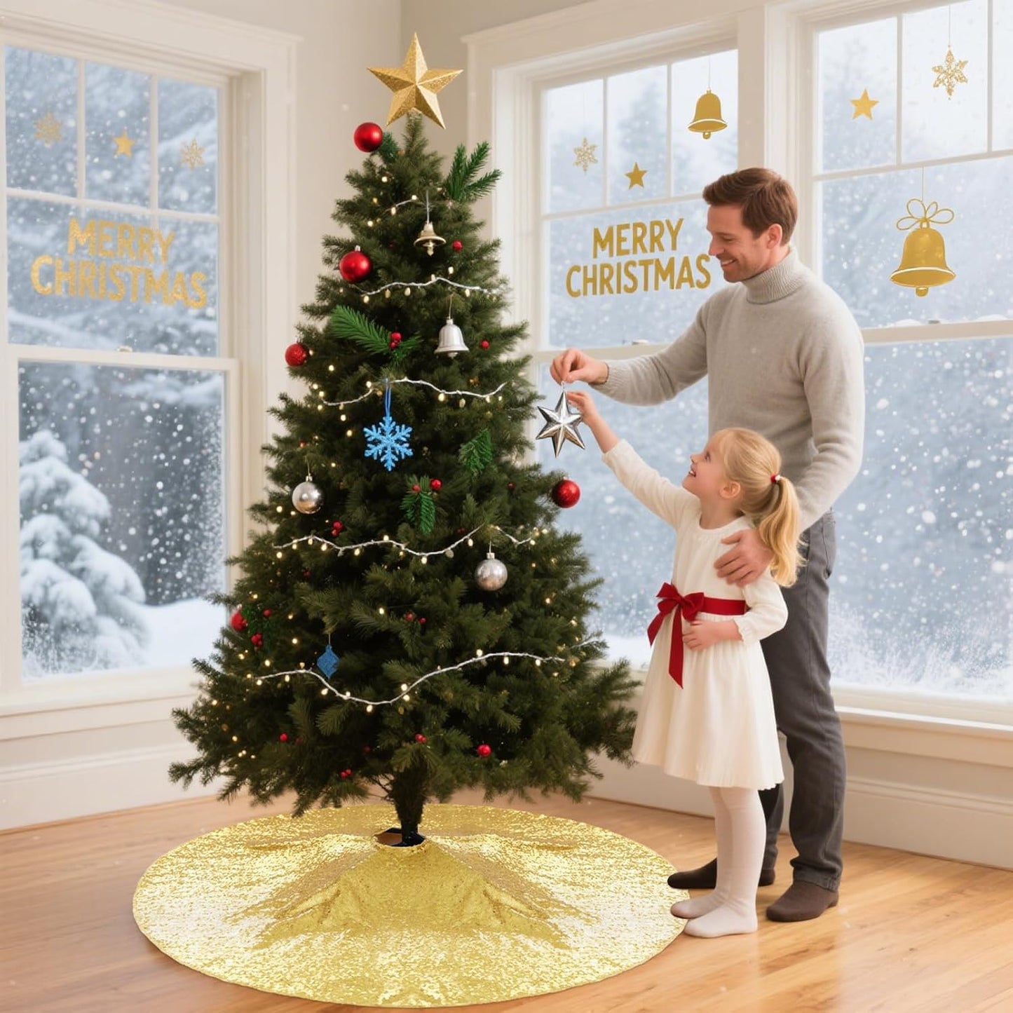 Eternal Beauty Christmas Tree Skirt, 50 Inch Gold Sequin Tree Skirt Small Xmas Tree Skirt for Christmas Tree Decorations