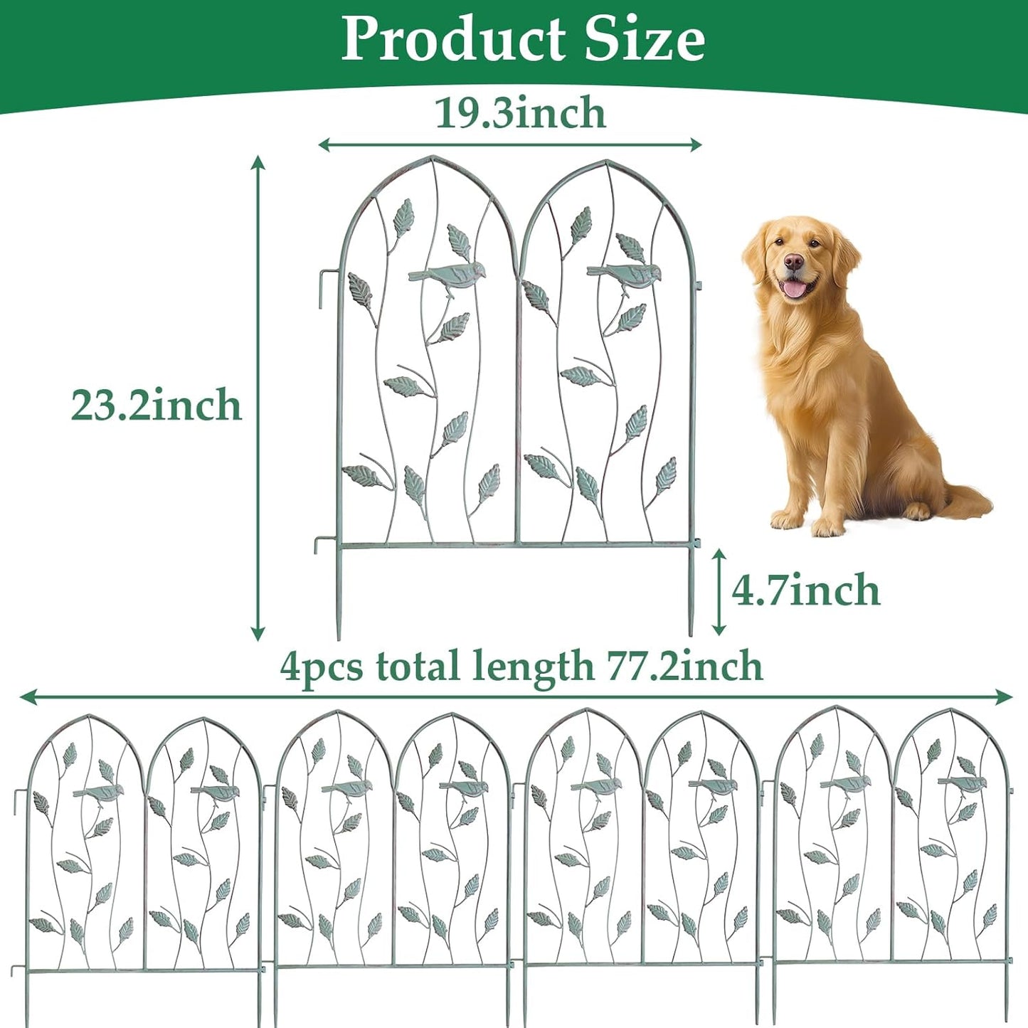 Decorative Garden Fence 4 Pack, 24in(H) x 6.5Ft(L), Metal Garden Fencing Panel, Landscape Pathway Edge Iron Picket Fence Panels, Border for Yard Patio Flower Bed
