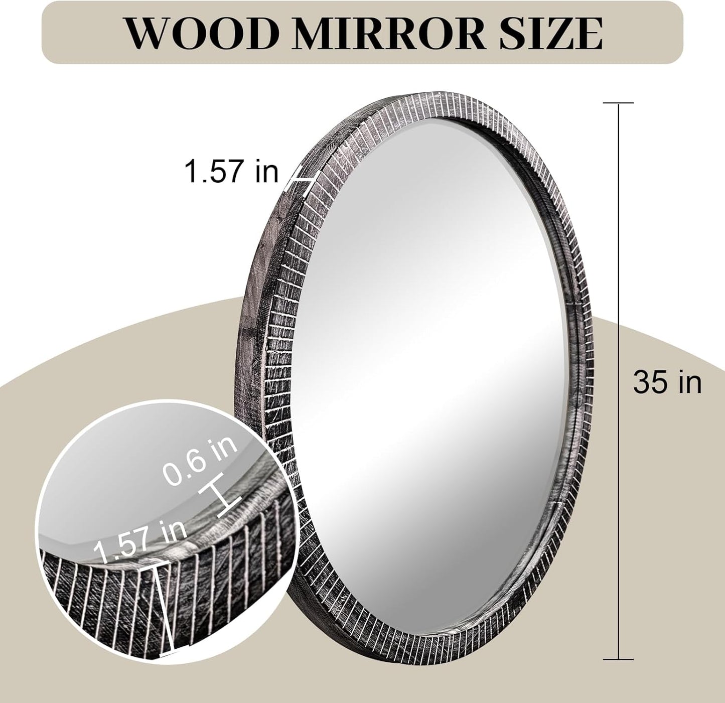 35" Round Wood Mirror, Rustic Circle Wall Mirror with Beveled, Wooden Round Mirror for Wall Decor, Decorative Wall-Mounted Mirror for Entryway, Living Room, Washed Black Frame