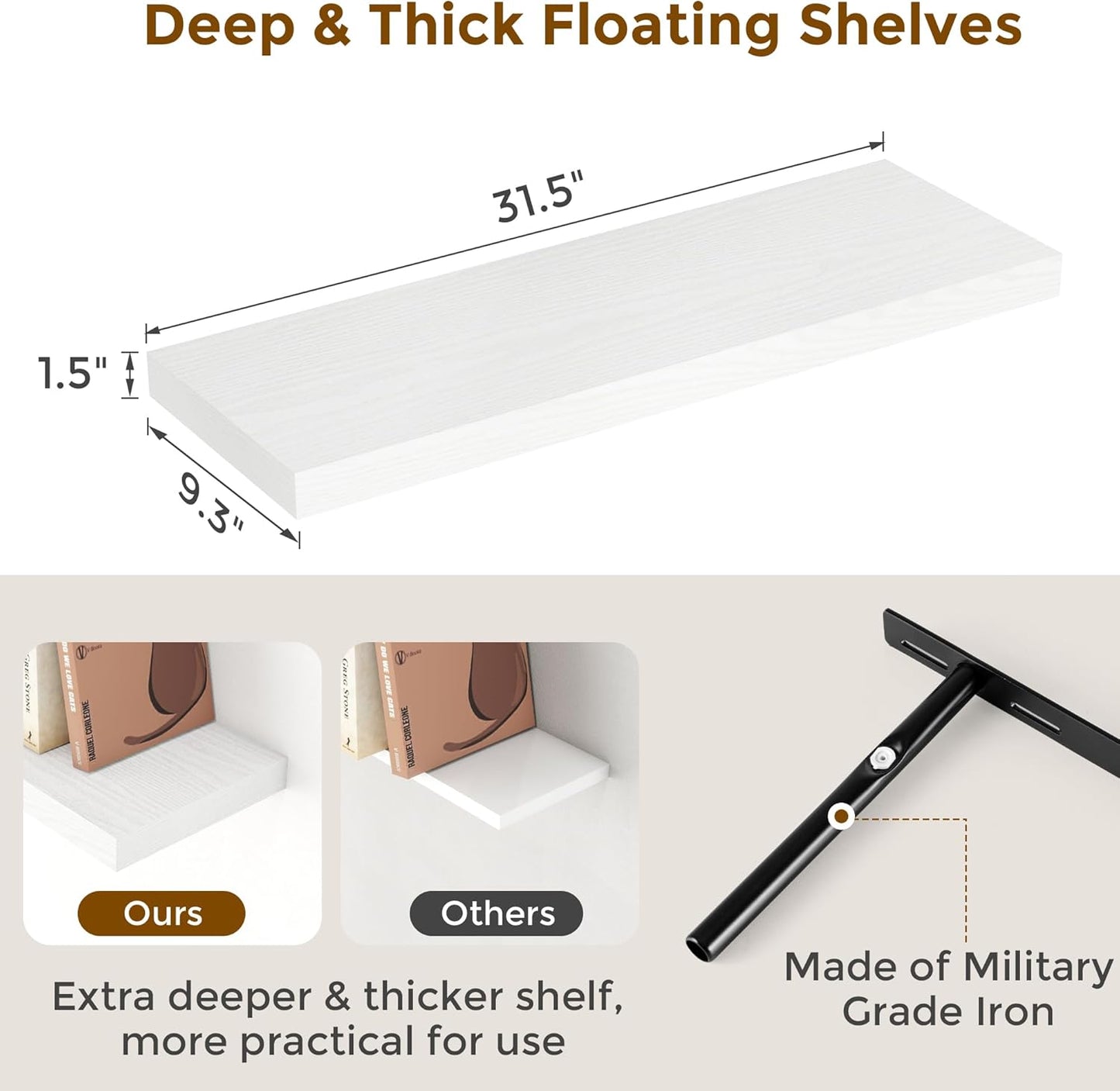 Fun Memories White Floating Shelves 32 Inch Long, 9 Inch Deep Floating Bookshelf Wall Mounted, Farmhouse Wood Shelves White for Bathroom, Living Room, Bedroom, Home Decor Deep Shelf for Wall Set of 2