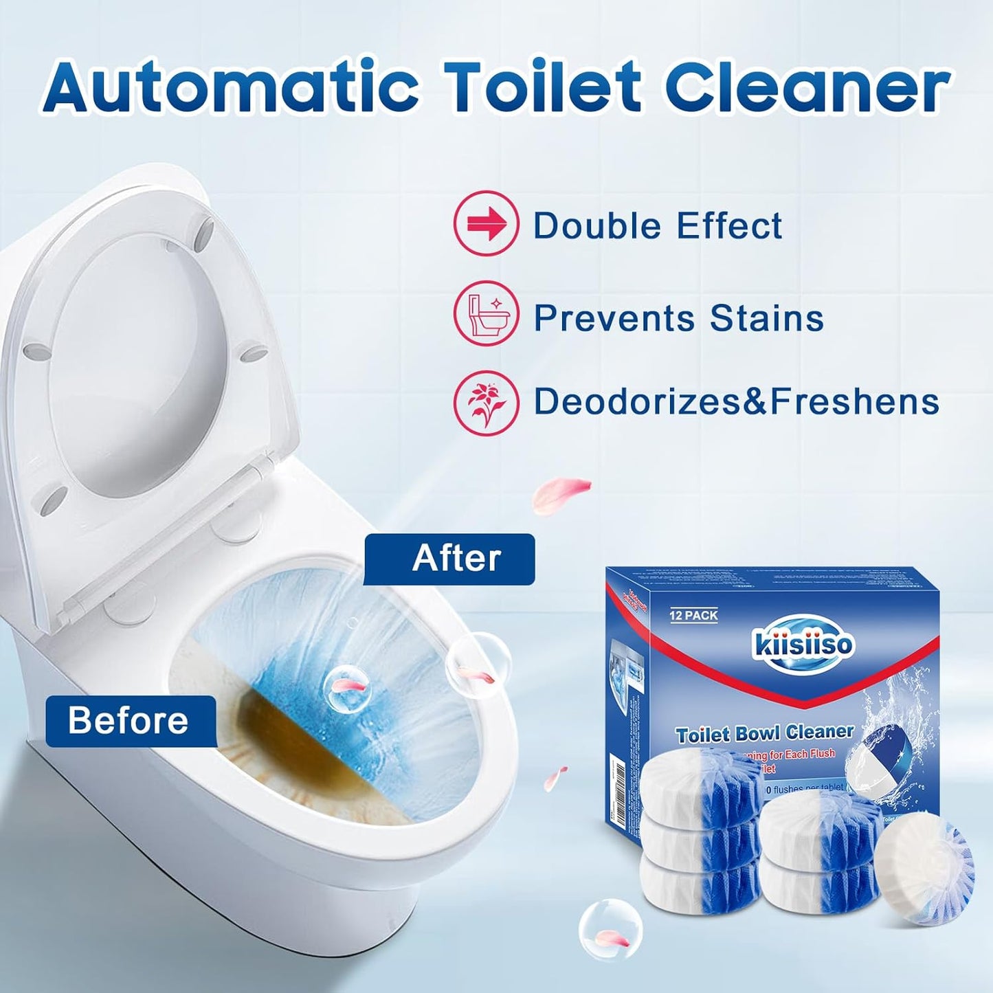 KIISIISO Toilet Bowl Cleaner Tablets, 12 PACK Commercial Household Bathroom Cleaners, Automatic Toilet Tank Cleaners Deodorizers(Blue and White)