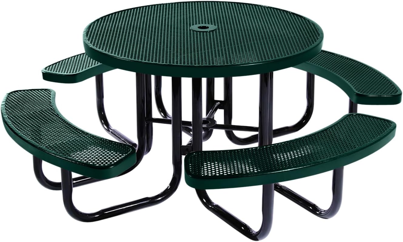 Heavy-Duty Portable Outdoor Picnic Table with Umbrella Hole, Punched Steel Commercial-Grade Patio Dining Furniture Made in America (46" Round Top, Textured Dark Green)