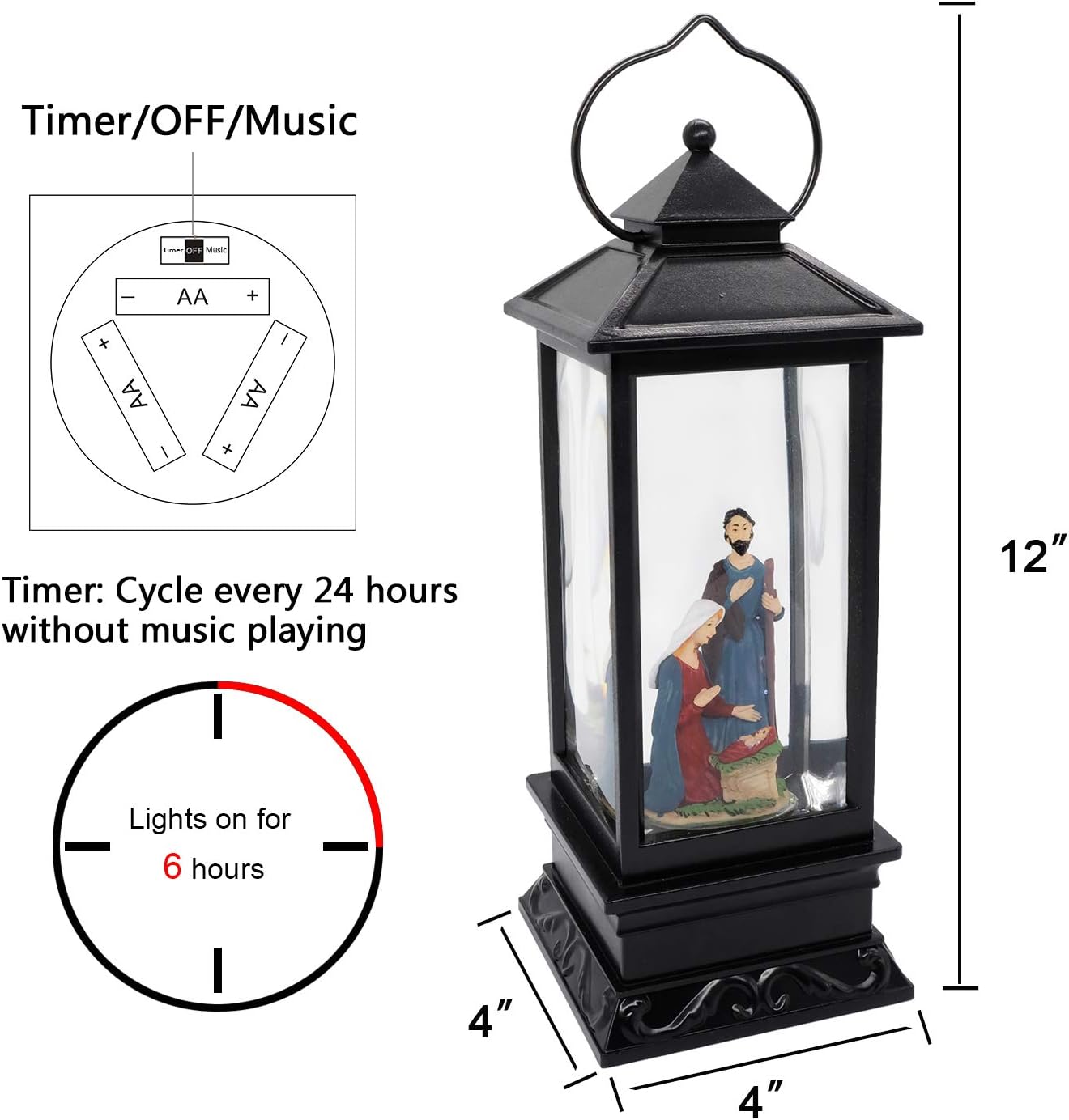 Eldnacele Musical Snow Globe Lantern Lighted Lamp USB Lined in Swirling Glitter Water Lantern Lamp Christmas Nativity Decoration Hurrican Light Timer 12" (Nativity)