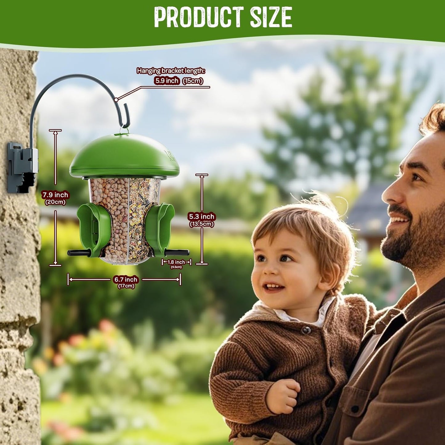 LONA Bird Feeders for Outdoors Hanging – 3 Separate Compartments, 3 Feeding Ports, Weatherproof Dome & 3 Ways to Hang, Large Capacity for Cardinals/Finches (Green