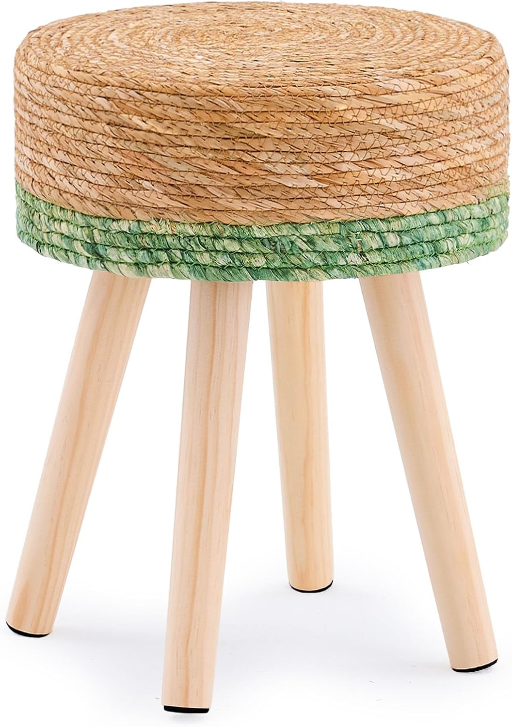Handwoven Outdoor Ottoman, Water Hyacinth Pouf Round Patio Footstool with Wood Legs, 17-Inch Multipurpose Vanity Stool, Dining Chair, Patio Footrest for Balcony and Garden, Green