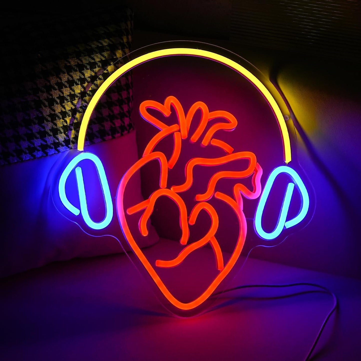Heart With Headphone Neon Sign USB Power Music Heart Neon Light Dimmable Music Lover Led Art Sign Wall Decor for Bedroom Bar Party Studio Unique Gift for Music Enthusiasts