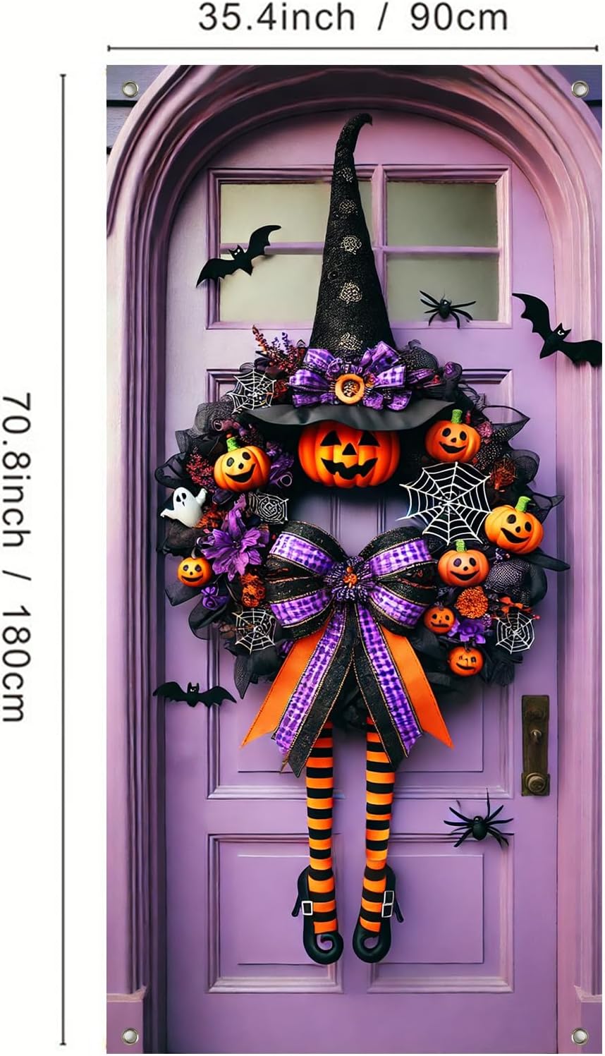 Halloween Witch Wreath Door Cover 71x35 Inch Holiday Front Porch Door Banners Decoration Purple Pumpkin Spider Web Bat Background Hanging Banner for Indoor Outdoor Spooky Party Decor