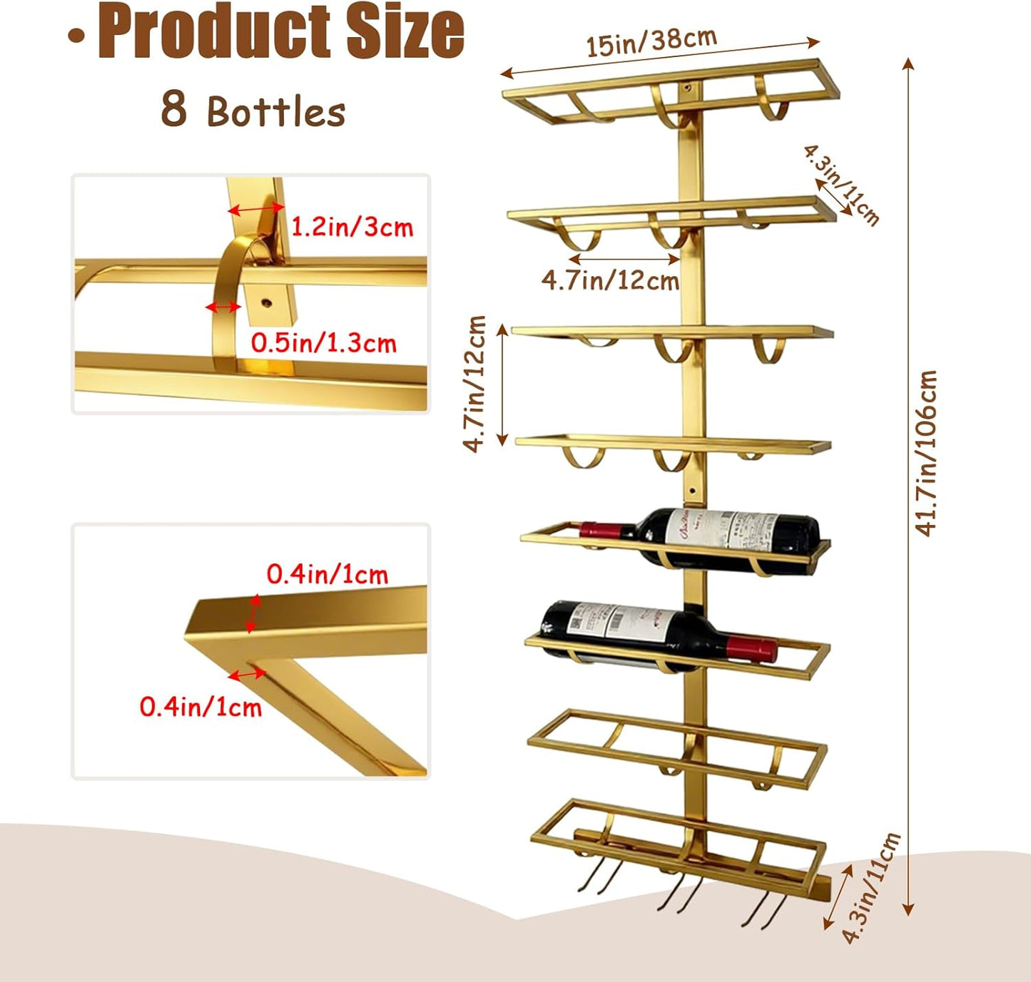 16 Bottle Wall Mount Wine Rack with Wine Glass Holder, Metal Wine Wall Rack, Wall Racks for Wine Bottles Display and Storage, Hanging Bottle Organizer for Living Dining Room Wine Cellar Bar (Gold)