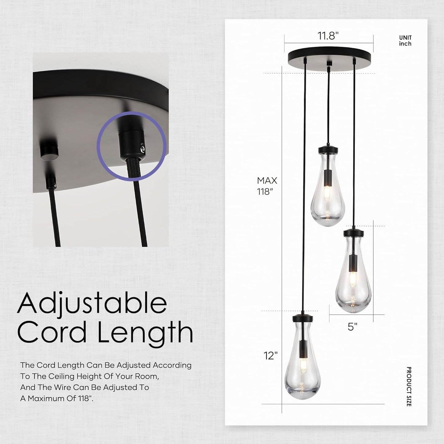 3-Light Raindrop Pendant Light Fixtures, Black Glass Pendant Lighting, Teardrops Modern Hanging Light for Entryway Foyer Kitchen Island Dining Living Room Hallway