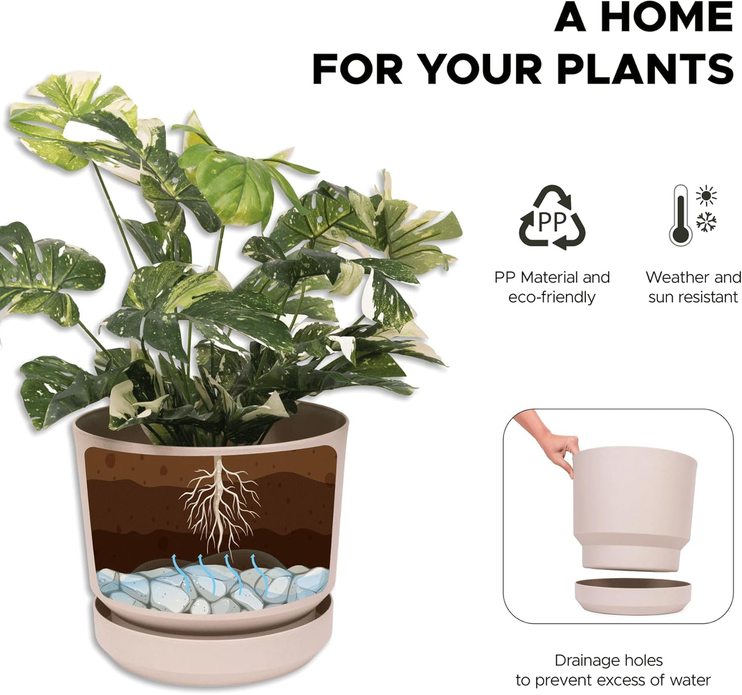 Elly Décor 14 inch Plastic Cylinder Planter Pot with Self-Watering Saucer and Drainage Hole,Lightweight & Extremely Durable, 14"x 14", Ivory