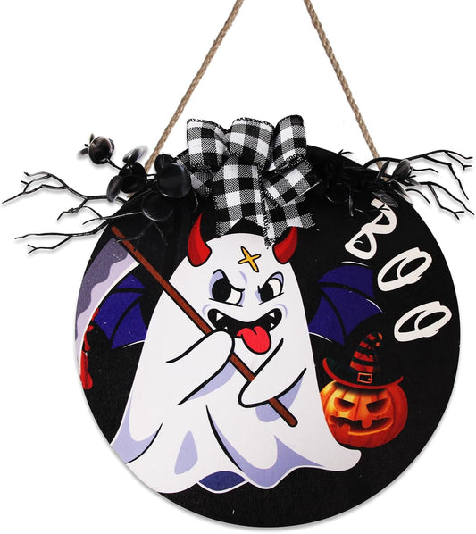 Cute Halloween Round Wooden Plaque Funny Ghost Outdoor Hanging Sign Decoration Halloween Wreaths Art for Home Wall Decor Halloween Courtyard Party Outdoor Indoor Supply Gifts