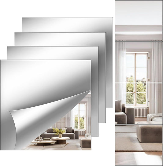 Full Length Wall Mirror Tiles, 12'' x 14'' x 4PCS, Acrylic Unbreakable Full Body Mirror for Bedroom Squares Shatterproof Mirror Sheets Wall Mounted for Home Gym Door