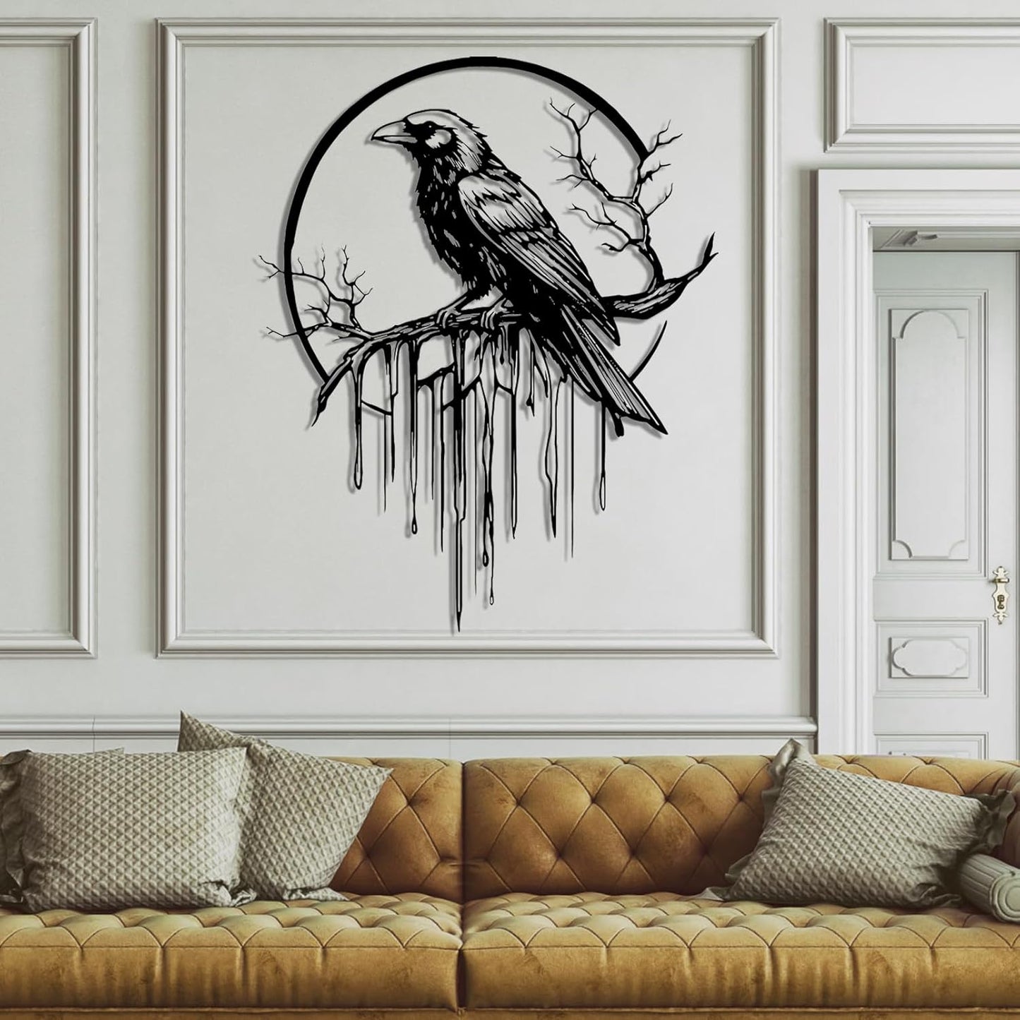 Crow Metal Wall Decor, Raven Wall Art, Large Gothic Raven Decor Hangings, Bird Wall Decor, Metal Tree Branch Decor, Ravens Sign, Raven Art for Living Room (Gold, 31"x25" | 80x64cm, metal wall art)