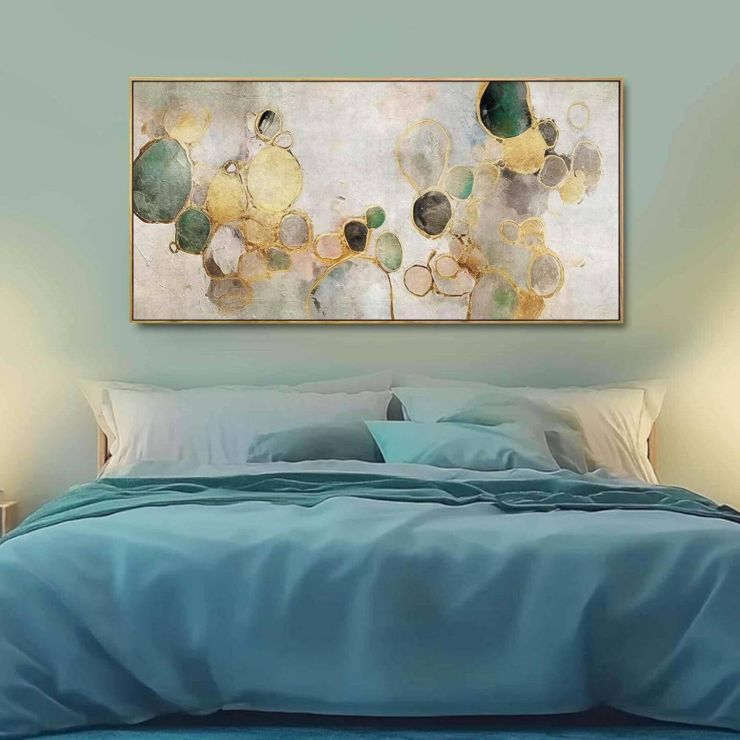 Gold Circle Modern Artwork Framed Abstract Wall Art Green Canvas Decor 24"x48" Wall Decorations for Bedroom Living Room Kitchen