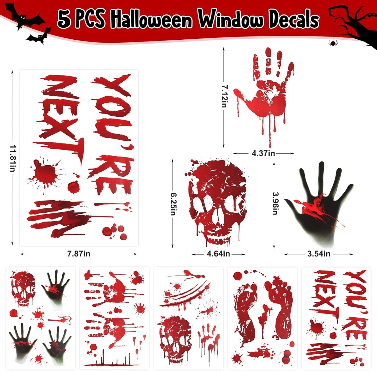Halloween Decorations, 5 Sheets Wall Decals-Bloody Handprint Stickers, 2 Pack Halloween Banners and 2 PCS Caution Tape Rolls 3inx30ft for Outdoor, Indoor, Party Decor, Haunted Mansion