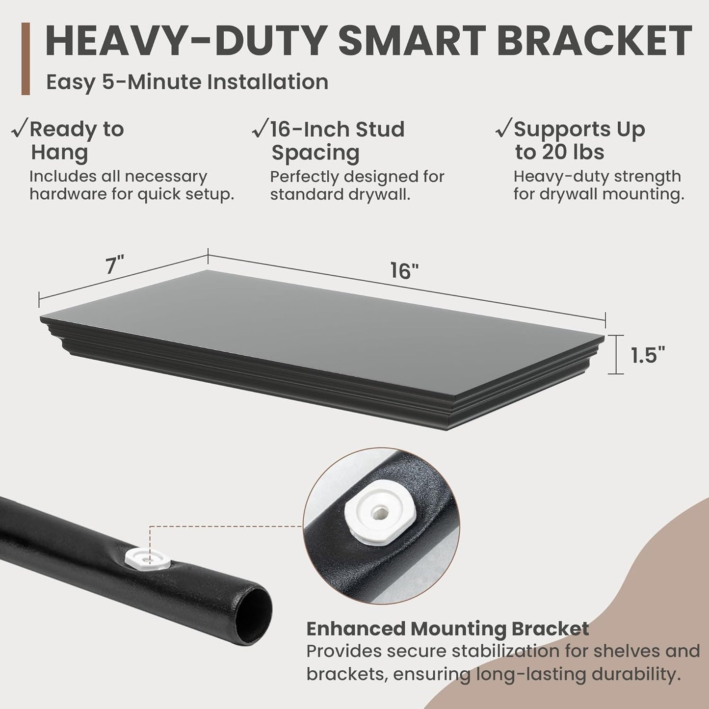 Floating Shelves for Wall, 16 Inch Wall Mounted Black Hanging Shelf for Kitchen, Living Room, Office, Bedroom, Bathroom, Retro Vintage Wood Bookshelf for House Decor