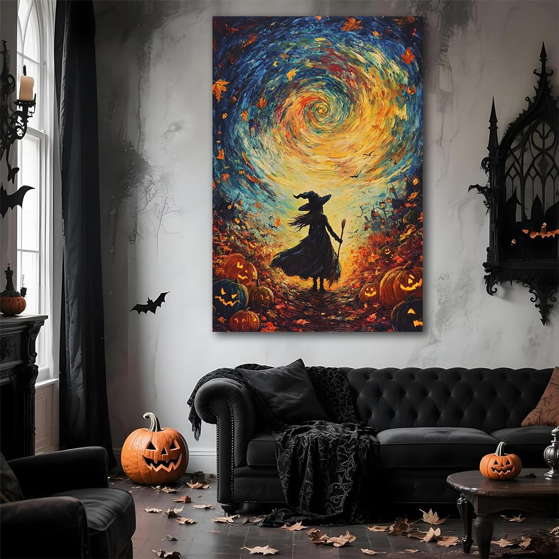 Halloween Autumn Witchy Decor Wall Art Prints,Gothic Witch in Whirlwind Autumn with Pumpkins Scene Pictures Poster,Fall Festival Home Decor Painting Canvas Poster for Bedroom Bathroom,20"x30" Unframed