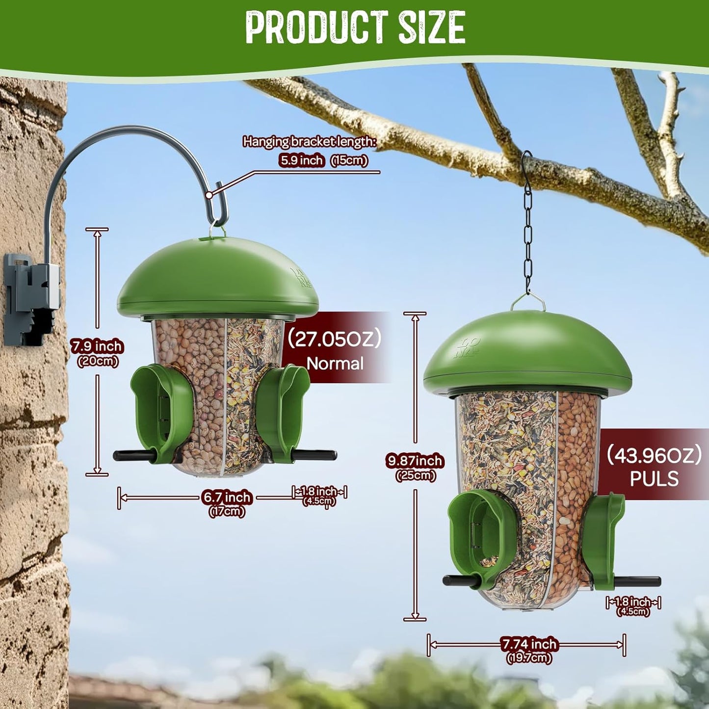 LONA Bird Feeders for Outdoors Hanging – 3 Separate Compartments, 3 Feeding Ports, Weatherproof Dome & 3 Ways to Hang, Large Capacity for Cardinals/Finches (Green，Plus