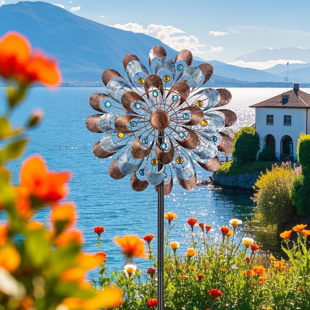 DREAMYSOUL Wind Spinner Outdoor, 20" Dia Large Metal Windmills with Blue and Copper Blades, Kinetic Wind Spinners & Sculpture for Yard and Garden