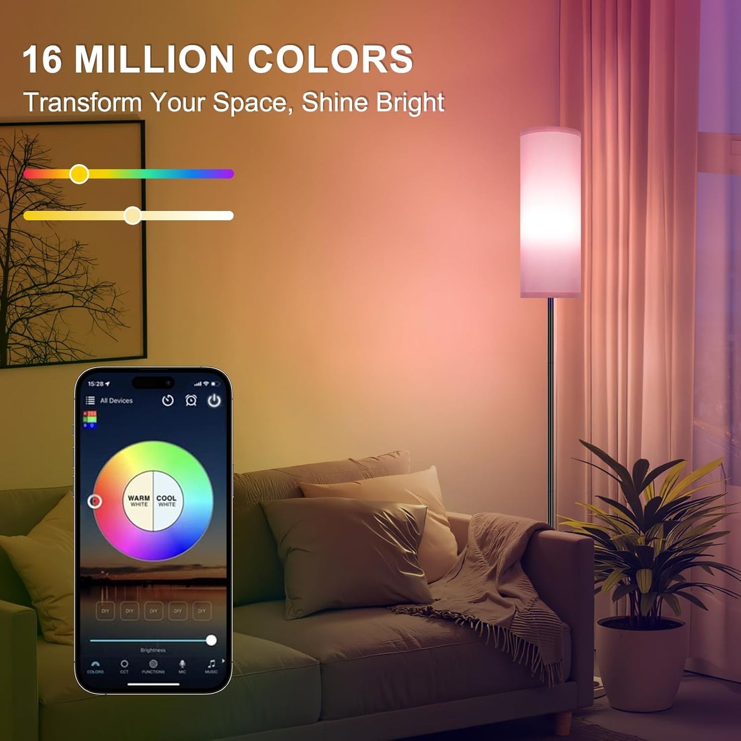 FRIDEKO HOME Pink Shade Floor Lamp with RGB Music Sync, 16 Million Colors & Stepless Dimming 2700K-6500K, 3CCT, 800LM LED Bulb with App & Remote, Modern Standing Light for Living Room, Bedroom, Office