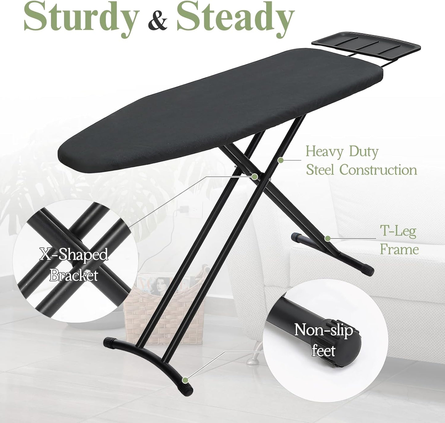 Ironing Board 48x15, Wide Heavy Duty Full Size Iron Board with Retractable Iron Rest, BlissBoard Sturdy Frame with Ultra Thick Padding, Heat-Resistant Cover, Height-Adjustable