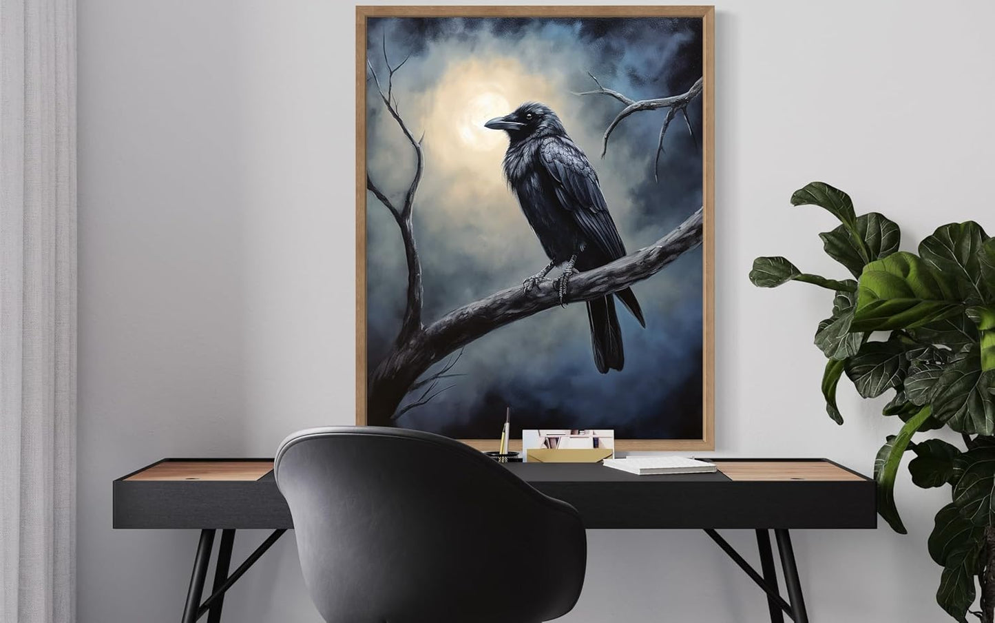 Crow under the Moonlight Poster Art Print, Halloween Scary Vintage Wall Art Academia Spooky Painting Decoration for Horror Prints, Gothic Posters Bedroom Decor 89 (Crow under the Moonlight, 11 x 14 inches, Wood Frame)
