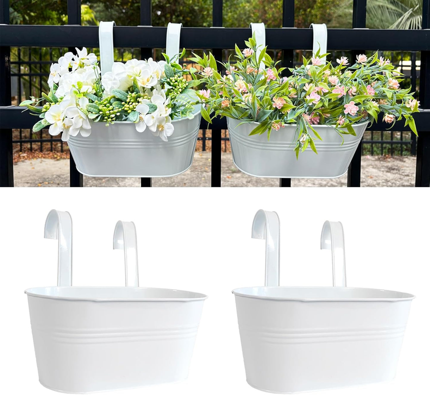 10" Hanging Flower Pots, Pack of 2 White Metal Outdoor Patio Balcony Planter, Railing Planters Fence Pot with Detachable Hook & Drainage Hole for Small Plants (White, 2Pcs)