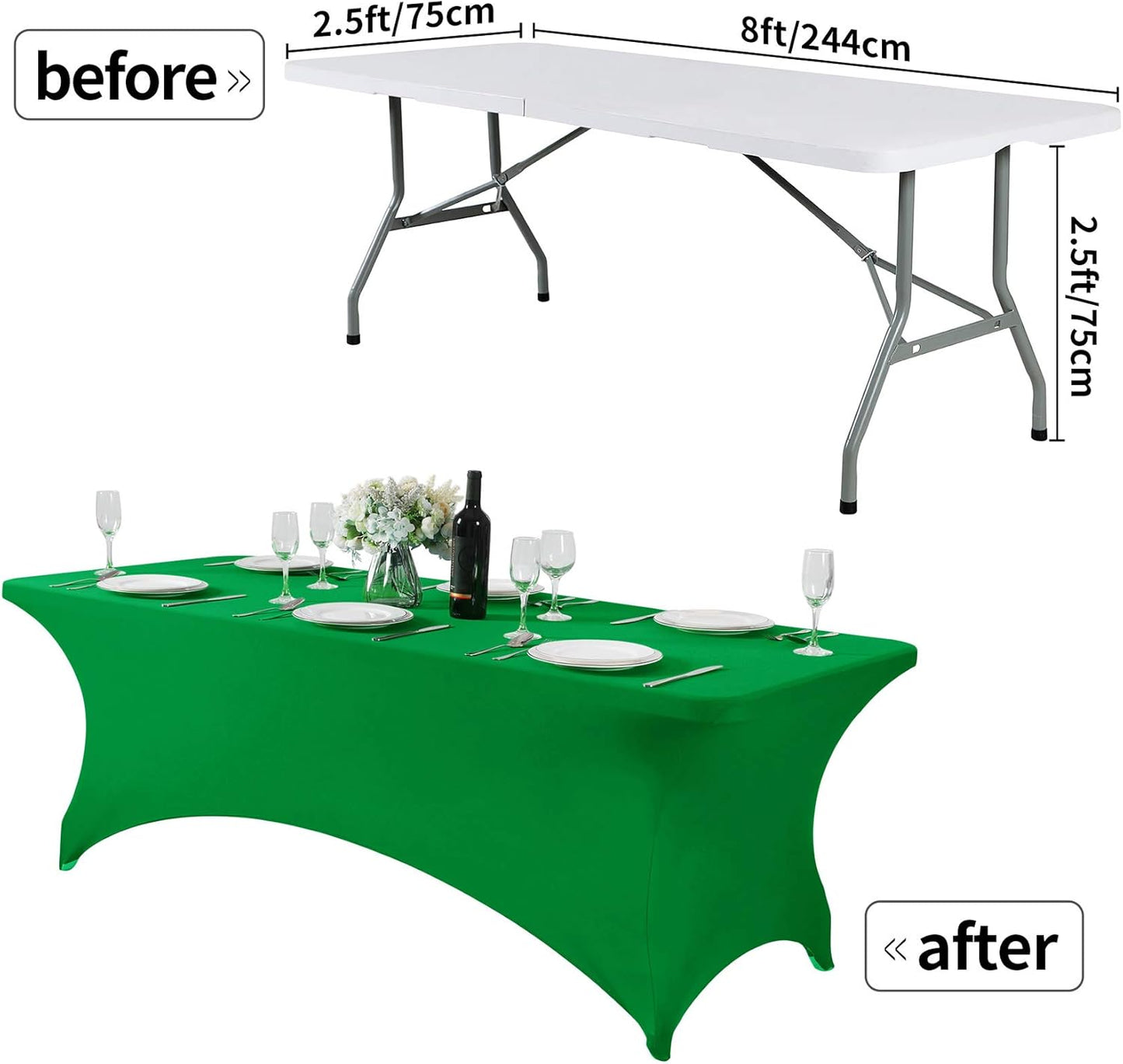 2Pack Spandex Table Cover for 8FT or 4ft or 6ft Table Universal Fitted Stretch Tablecloth for Party, Banquet, Wedding and Events-Emerald