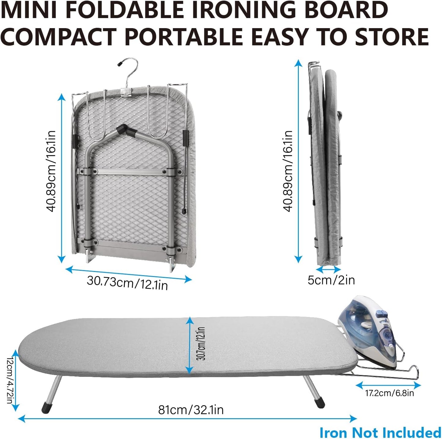 Metal Tabletop Ironing Board with Iron Rest, Portable Ironing Board Small with Heat Resistant Cotton Cover, Mini Iron Board for Small Space and Travel, 32 x 12 Inch (Black)