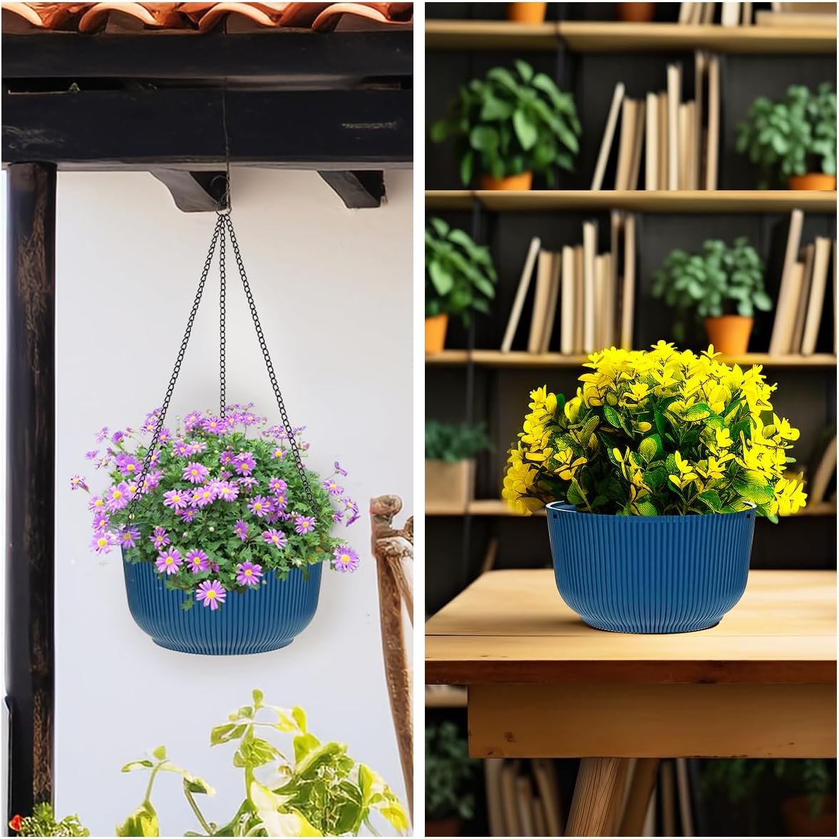 Hanging Planters 9/10/11 Inch for Indoor Plants, 3 Pack Plant Hanger Outdoor with Drainage Holes, Self Watering Hanging Basket Flower Pot for Garden Home Decor, Dark Blue
