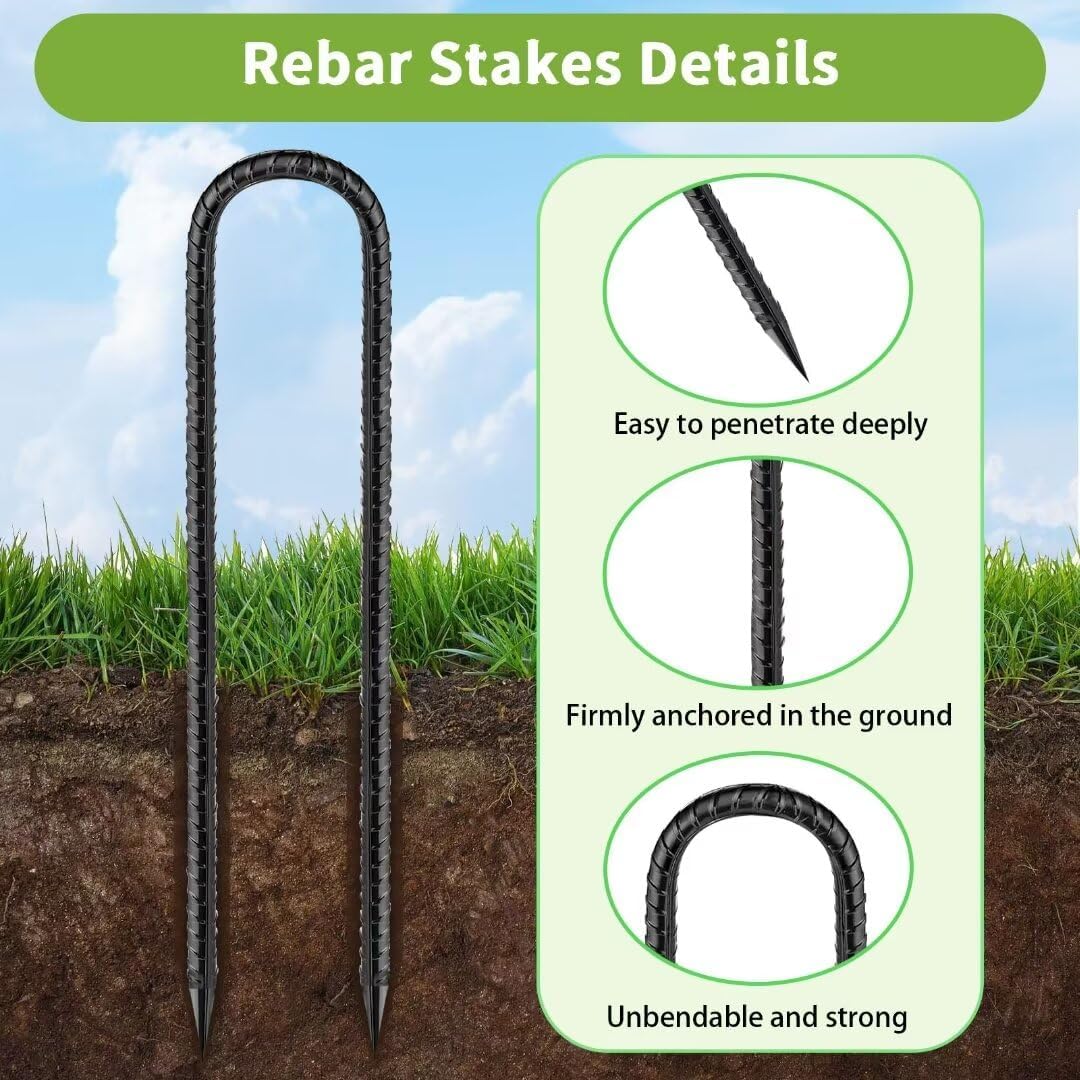 Ground-Stakes-Heavy-Duty-12 inch, U-Hook Rebar Stakes Black Coated Anti-Rust 6pcs Garden Stakes Metal Ground Anchors for Garden Dog Fence Chicken Coop Christmas Decorations Deer Fence