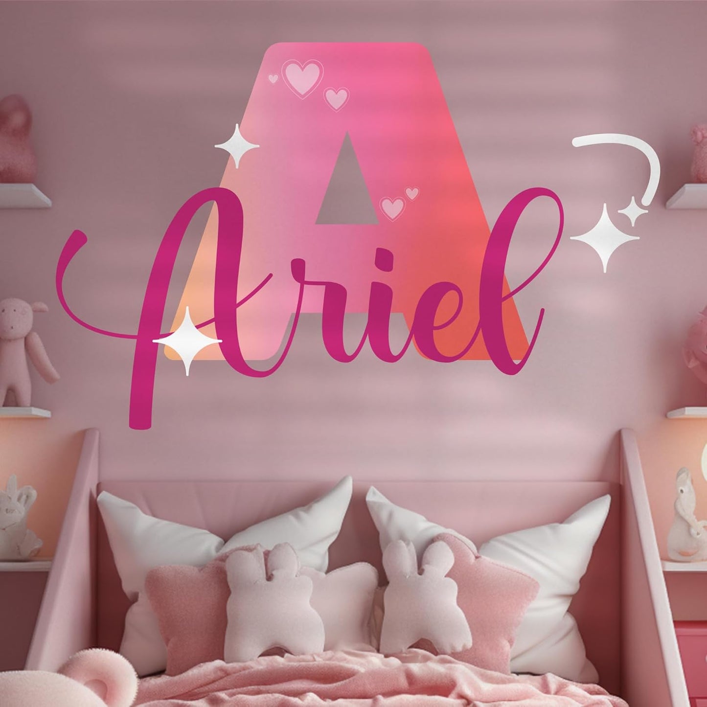 CRYPTONITE Custom Stickers Name & Initial for Pink Room Decor I Heart Wall Decal for Girl Bedroom Decor I Personalized Wall Decal for Little Girl Room Decor I Multiple Size Options (F. Hearts)