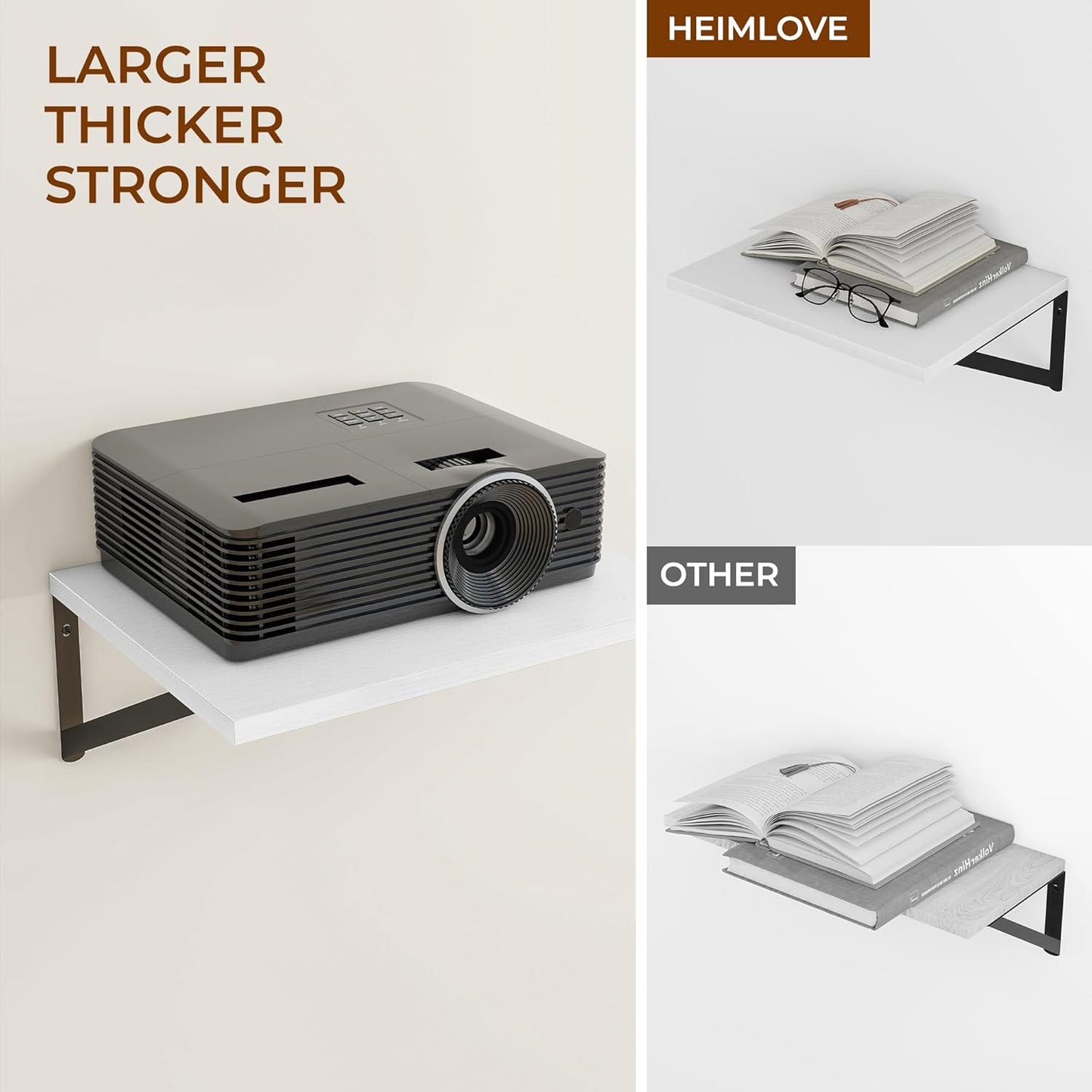 Heimlove Deep Floating Shelves for Wall, 12 Inch Deep Floating Shelves Set of 3, 16W x 12D Wood Wall Shelves, Wide Wood Shelves with Metal Bracket for Living Room, Kitchen, Office, Bedroom - White