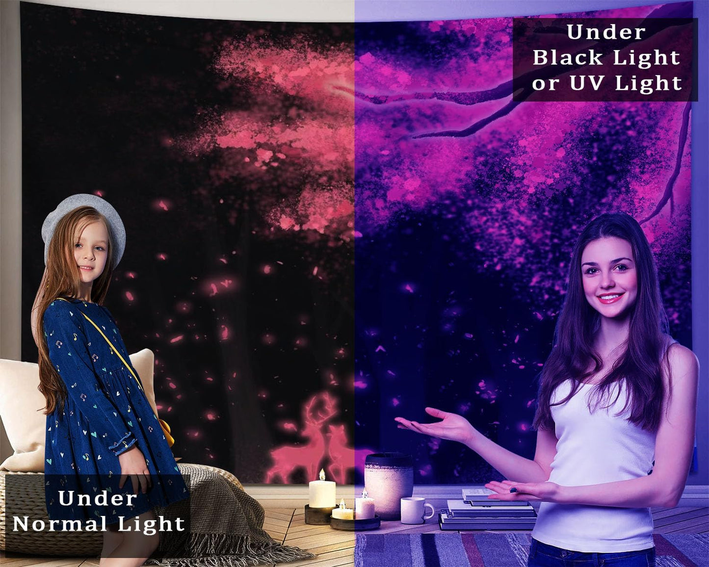 dueeia Blacklight Cherry Blossom Tapestry Wall Hanging Glow in the Dark Uv Nature Tapestries for Bedroom Aesthetic Living Room Wall Decor(78.7"x59.1")