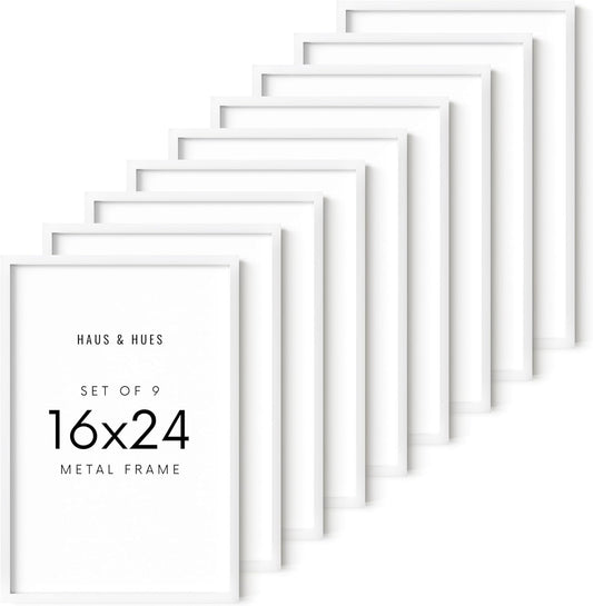 HAUS AND HUES 16x24 White Metal Picture Frames - Features Premium Aluminum, Vertical & Horizontal Hang, Shatterproof Plexiglass - Ideal for Home, Room, Office (16x24 in, White, Set of 9)
