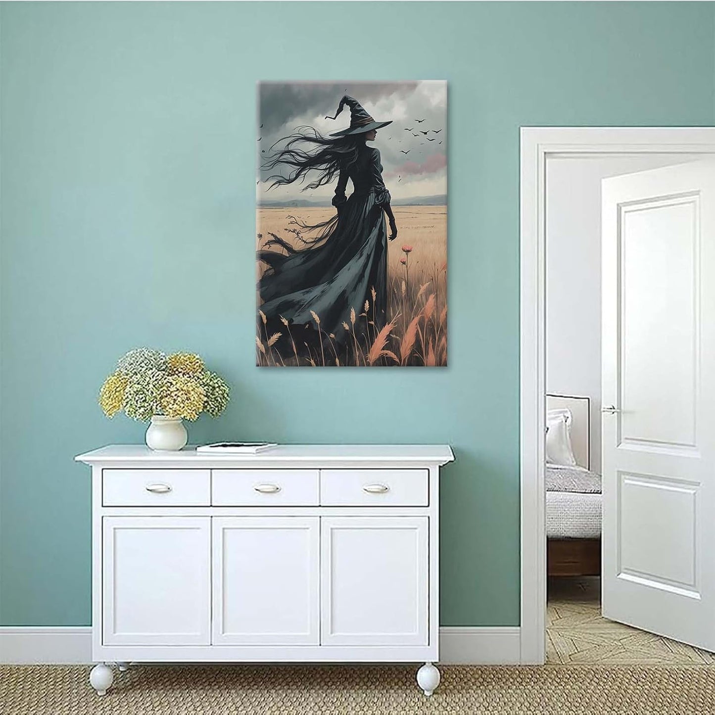 Gothic Decor Canvas Wall Art Witch in Rice Field Halloween Art Decor Print Nature Print Victorian Home Bedroom16x24in Wood Framed