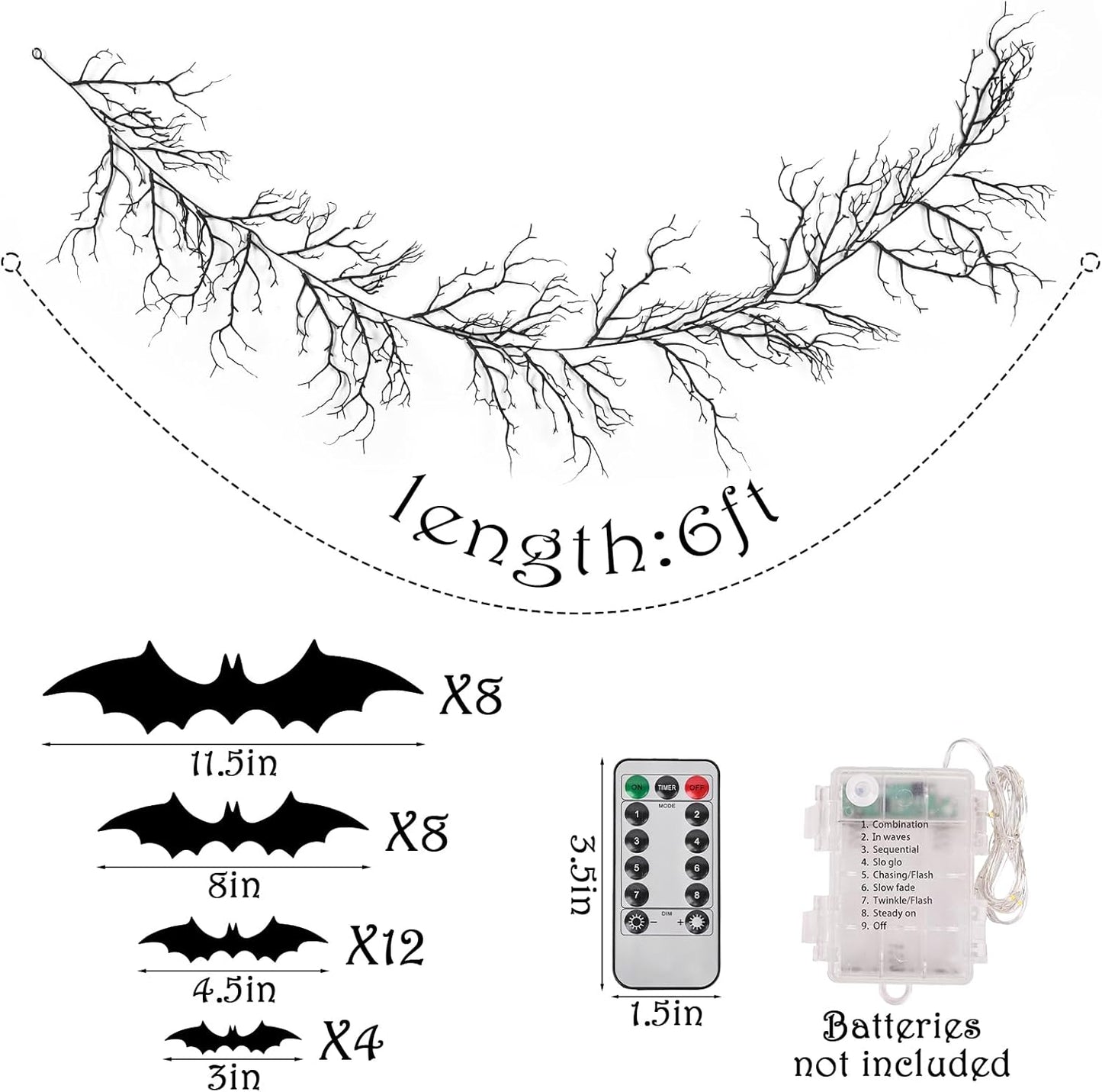 Gothic Halloween Banner: 1pc Haunted Bat Dark Dead Branch Halloween Party Banner with LED Lights, Decorative Bat Vine Twig Garland Decorations for Home Wall Mantel Doorways Front Decor
