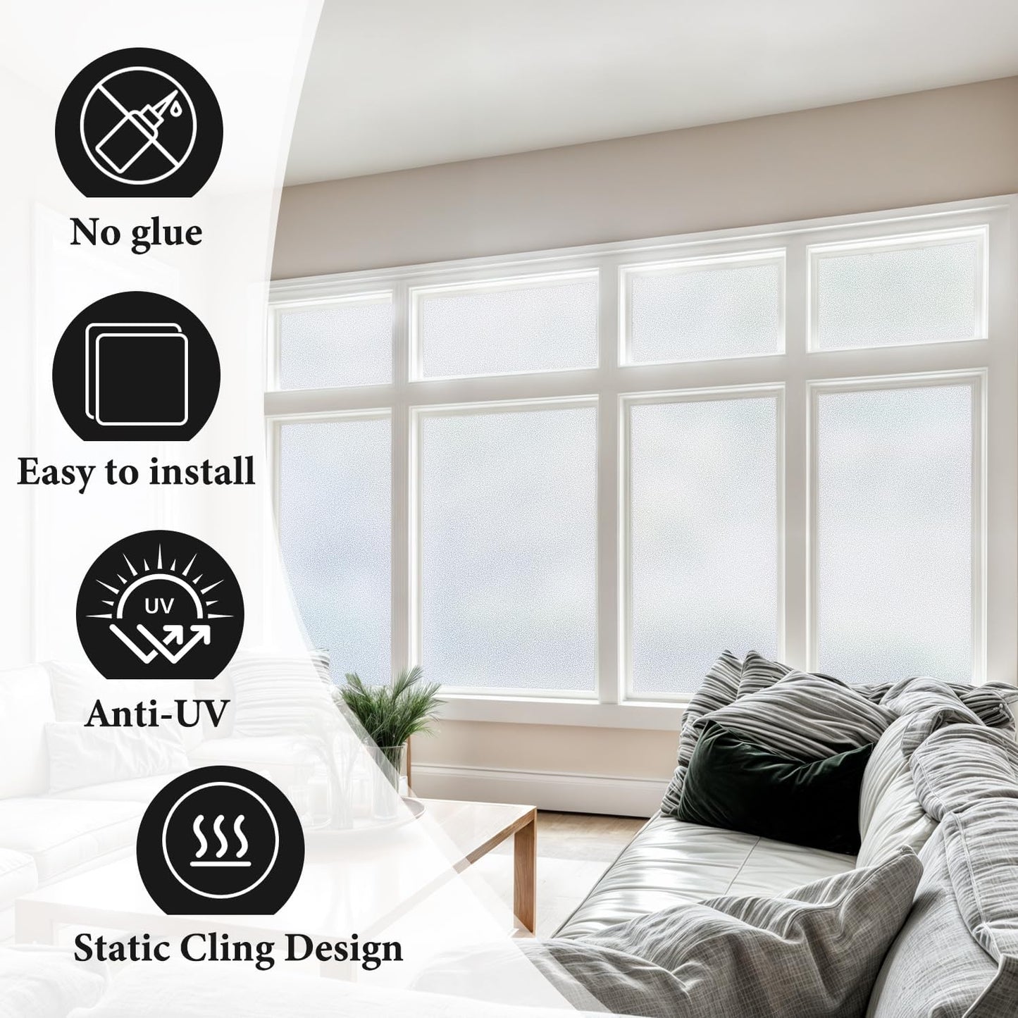 DUOFIRE Privacy Window Film Natural Frosted Glass Film Static Cling Glass Film No Glue Anti-UV Window Sticker Non Adhesive for Privacy Office Meeting Room Bathroom Living Room 35.4in. x 118in. S001