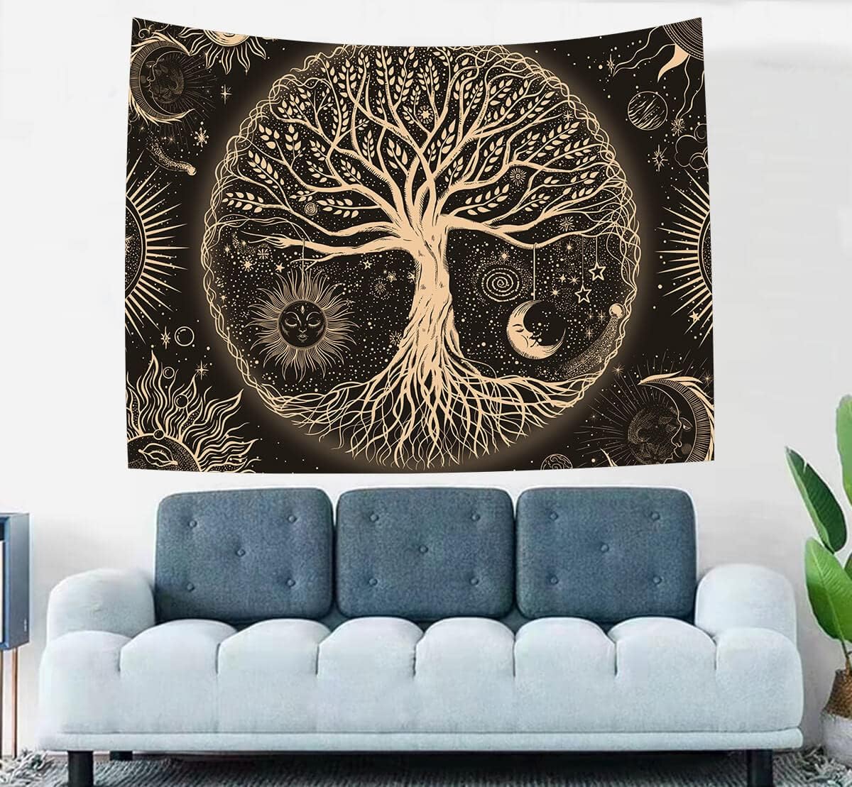 FORATER Tree of Life Tapestry Wall Hanging Sun Moon Stars Tapestries Aesthetic Galaxy Wall Tapestry Nature Home Decoration for Living Room Bedroom(36 x 48 Inch, Black and Gold)