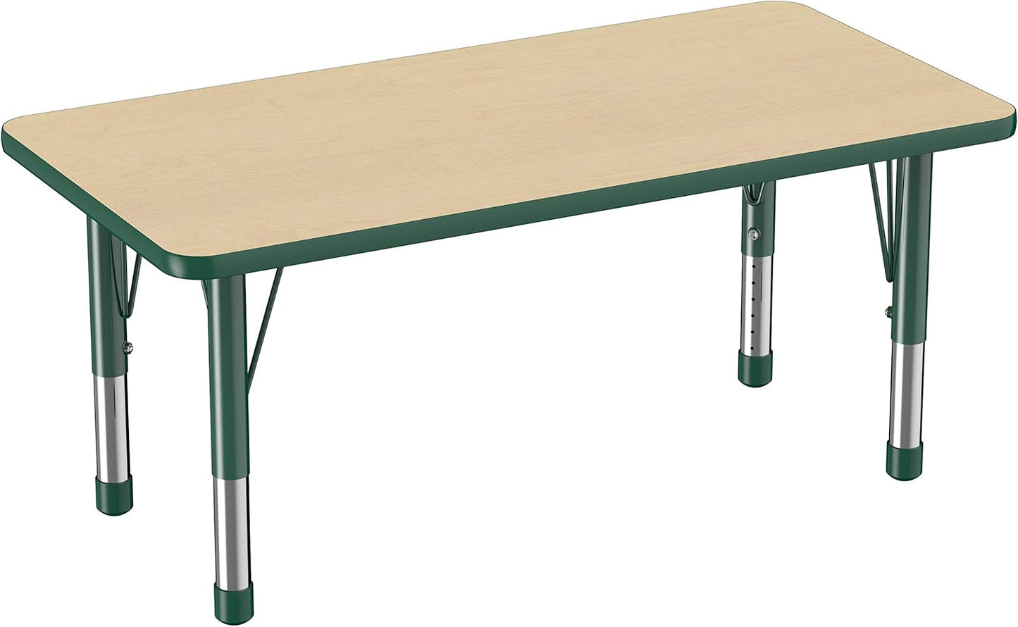 FDP Rectangle Activity School and Kids Classroom Table (24 x 48 inch), Toddler Legs, Adjustable Height 15-24 inches - Maple Top and Green Edge