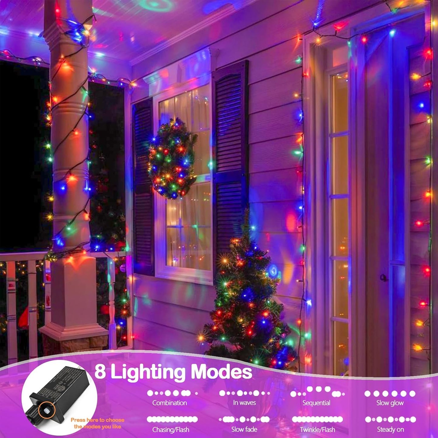 33 FT 100 LED Christmas Decoration Indoor Outdoor, Connetable Green Wire Waterproof Mini Lights with Memory Function & Timer & 8 Modes for Xmas Tree Birthday Wedding Garden Party Decor (Multicolor)