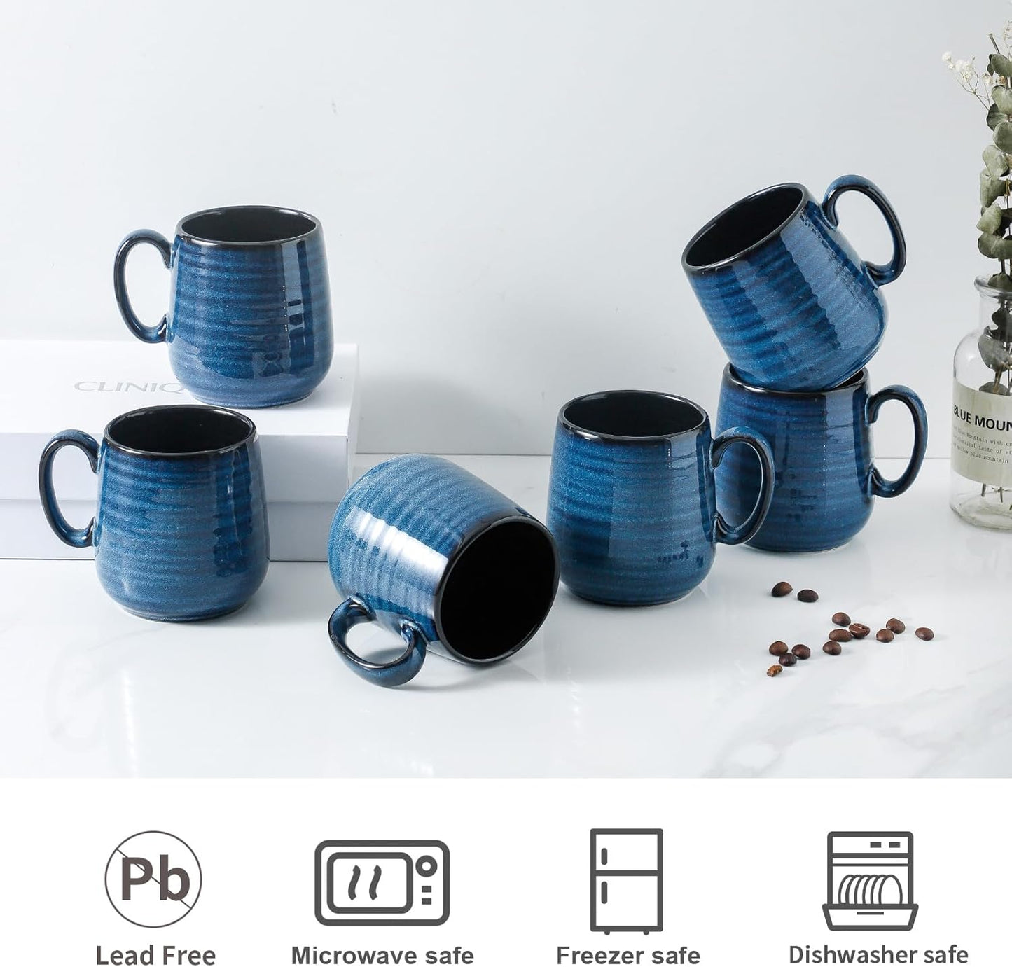 Hasense Espresso Cups 8 oz, Small Coffee Cups Set of 6, Ceramic Mugs with Handle for Coffee, Tea, Cappuccino and Mocha, Dishwasher & Microwave Safe, Blue