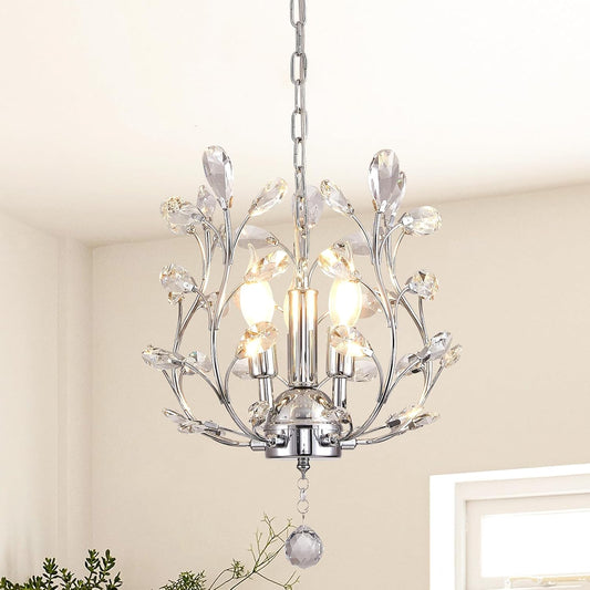 Ganeed 3-Light Branch Crystal Chandelier, Small Flush Mount Vintage Pendant Hanging Lighting, K9 Crystal Farmhouse Ceiling Light for Dining Room Bedroom Living Room Kitchen Hallway, Chrome Silvery